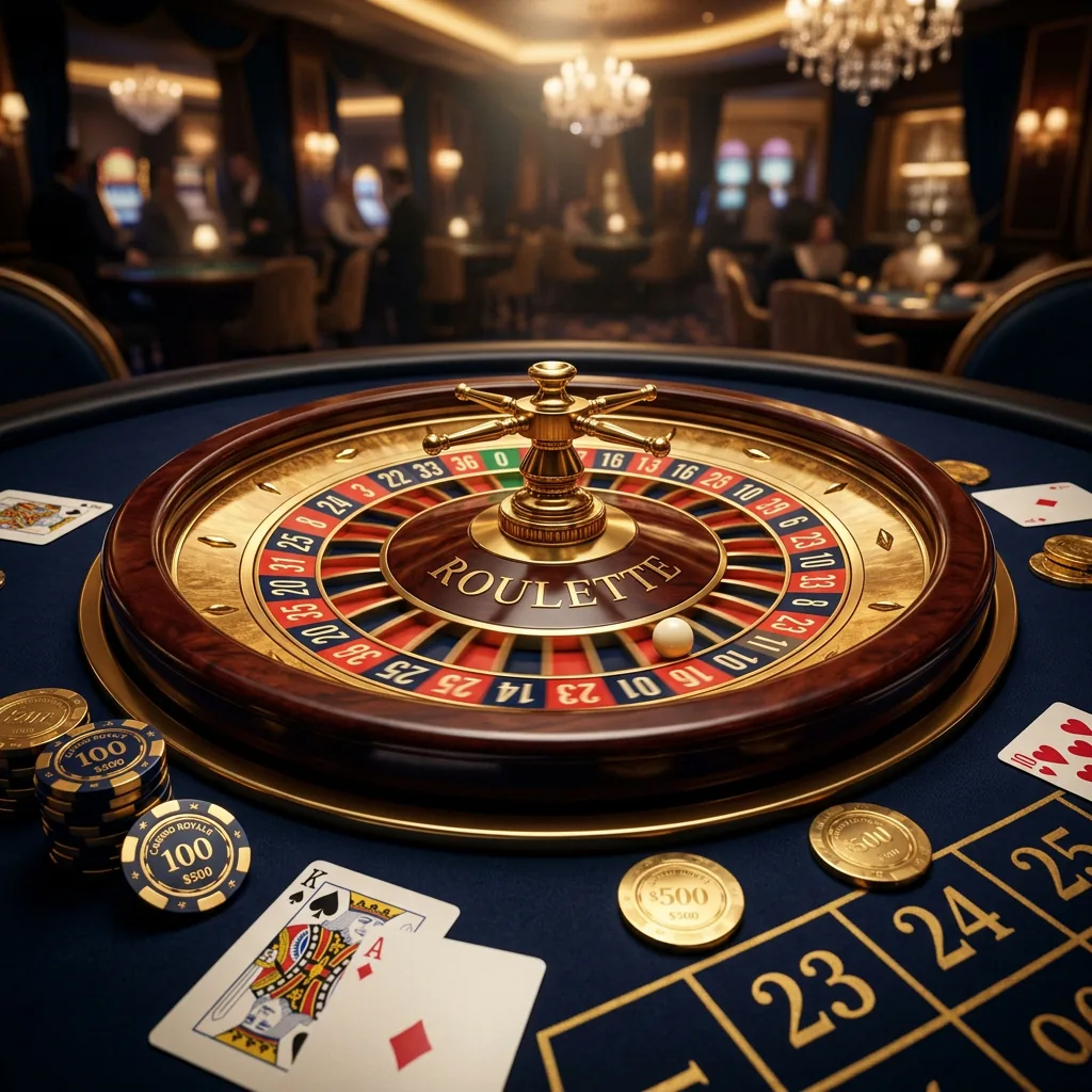 Roleta dourada girando em mesa de cassino com fichas e cartas no feltro azul