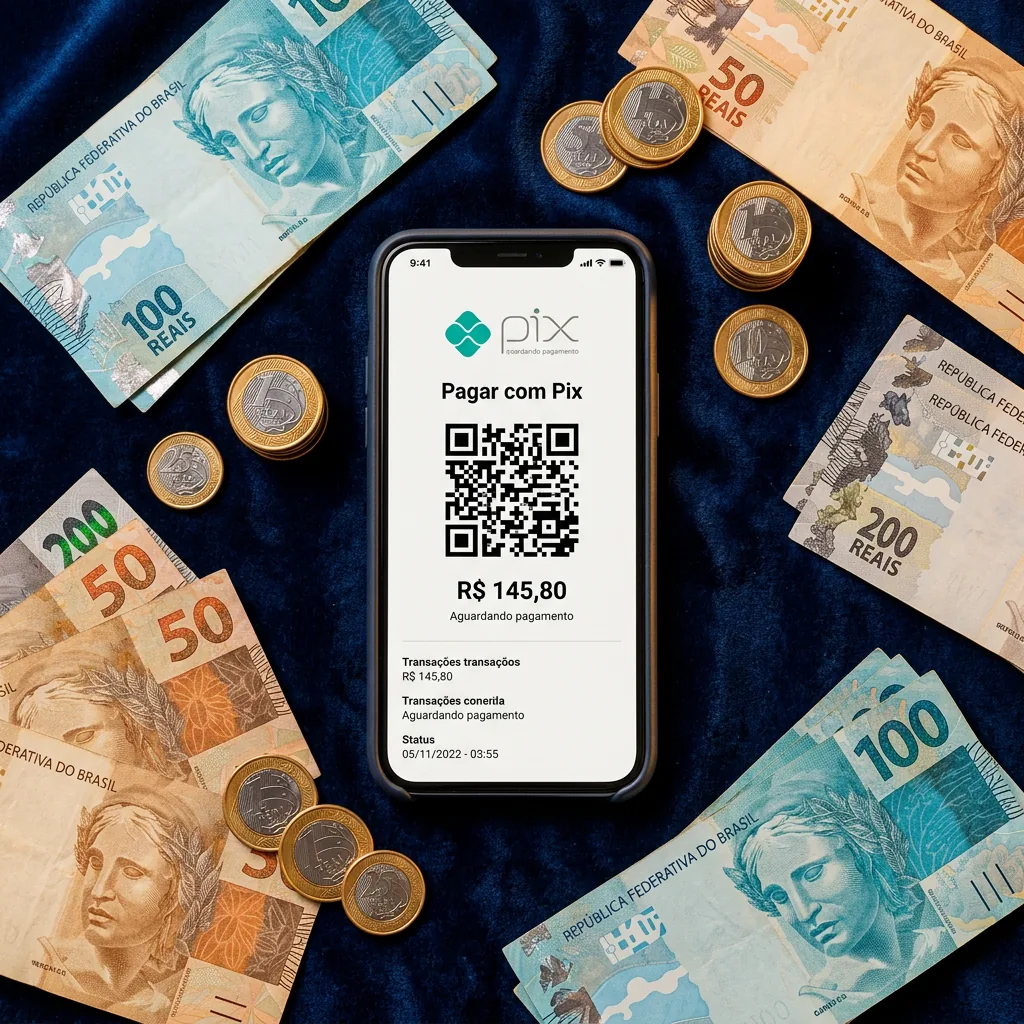 Smartphone exibindo pagamento Pix sobre notas de Real e moedas