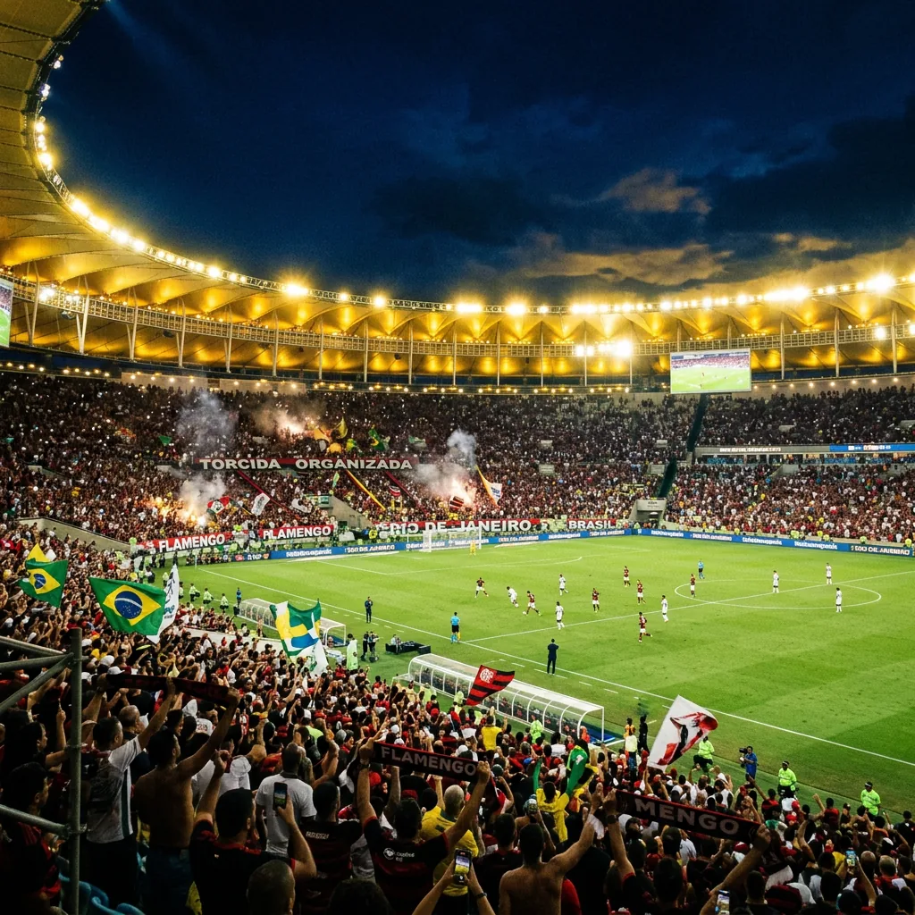 Maracanã lotado durante partida noturna com torcida e holofotes dourados